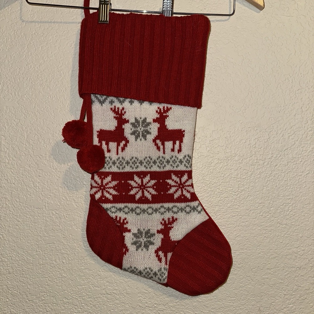 Fair Isle Christmas Stocking Red White Knit Reindeer Snowflake Festive‎ Holiday